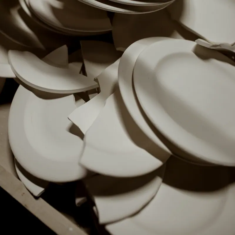 Stacked unglazed ceramic vessel forms