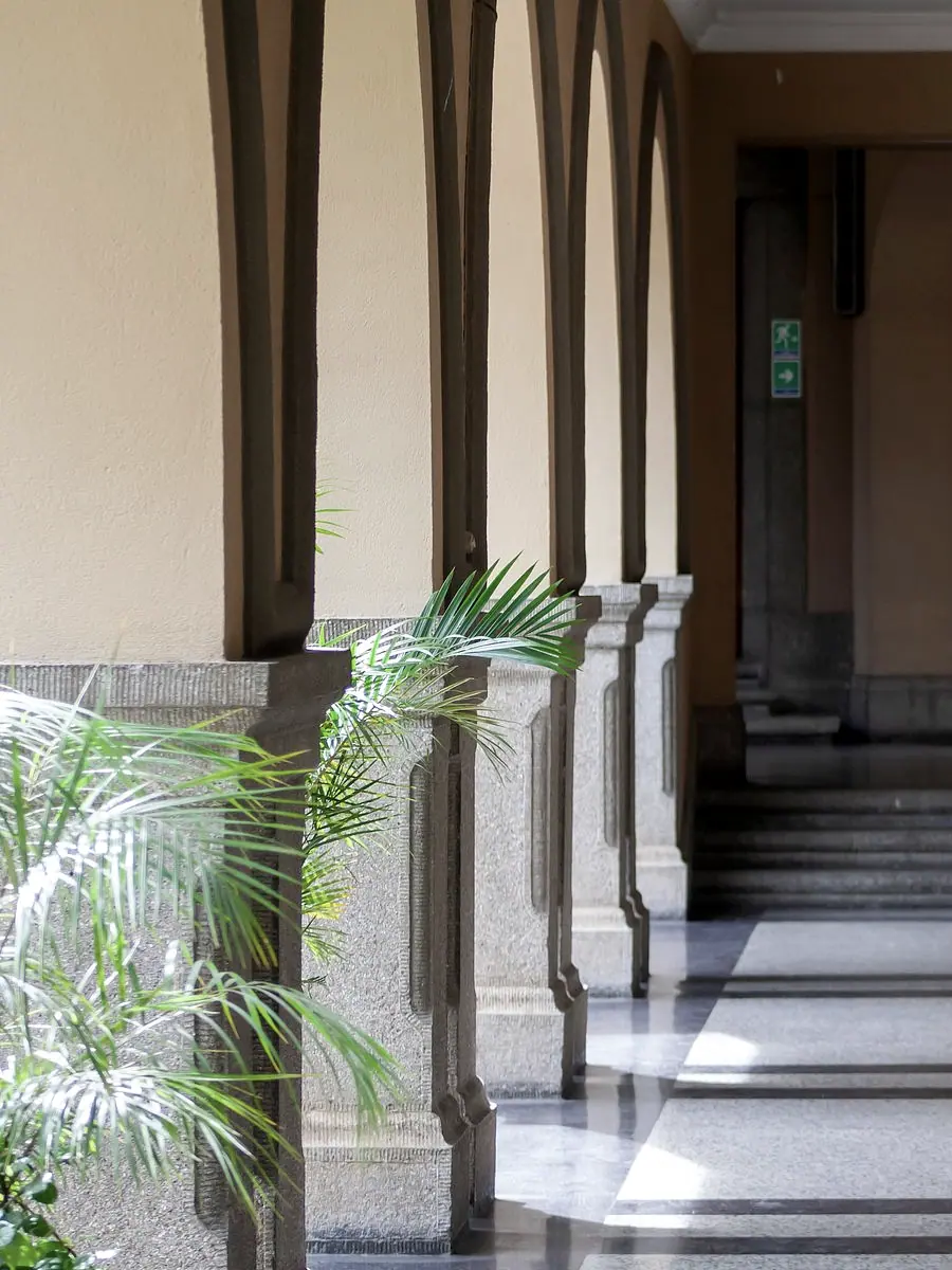 Stone colonnade with planting, seen down the length of a shaded walkway