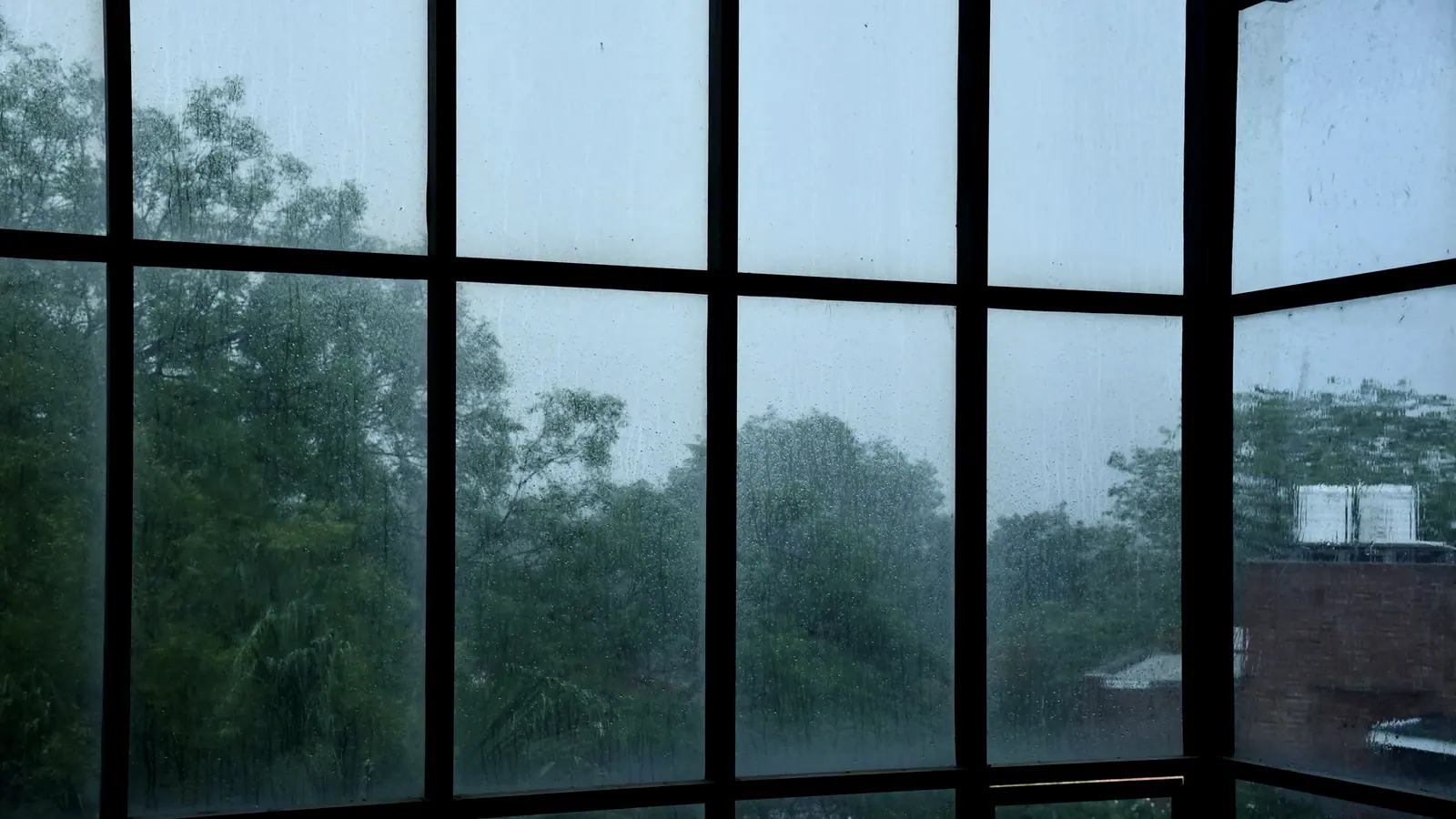 Monsoon rain on the window glazing, garden dissolved behind it